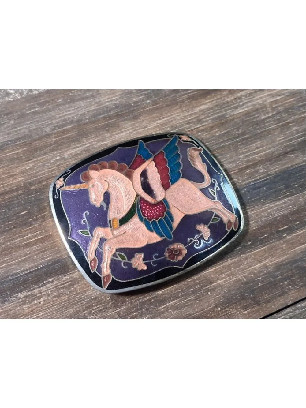 Vintage Winged Unicorn Belt Buckle Epic Cloisonne Enamel Purple Alicorn Mythical